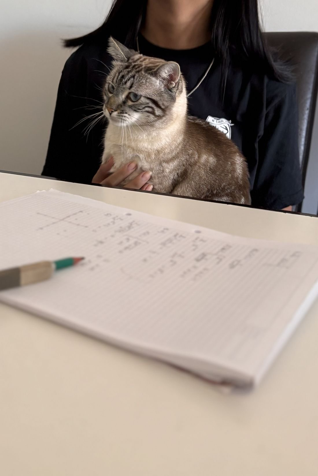 Estudiante con gata y cuaderno